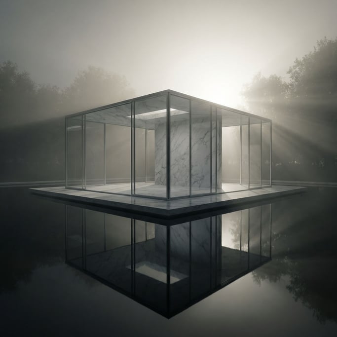 A modernist glass pavilion sitting in a perfectly still reflecting pool, minimal and serene
