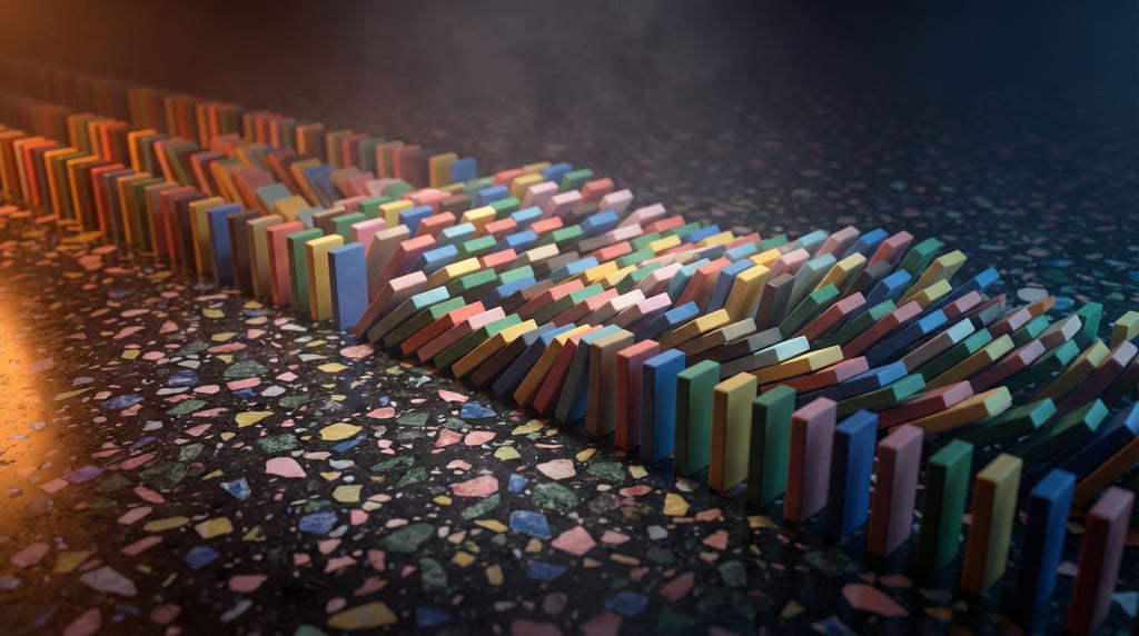 Dominoes mid-topple, thousands of pieces creating a cascading wave pattern across a dark floor (kkqc6gpw)