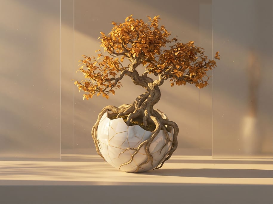 A tree growing from a cracked porcelain sphere, roots wrapping around the broken shell (kajisyyg)