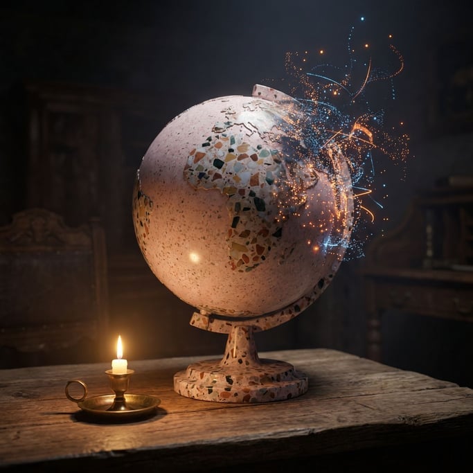 A globe dissolving into particles on one side, solid on the other, data visualization of change (jtrbnagp)