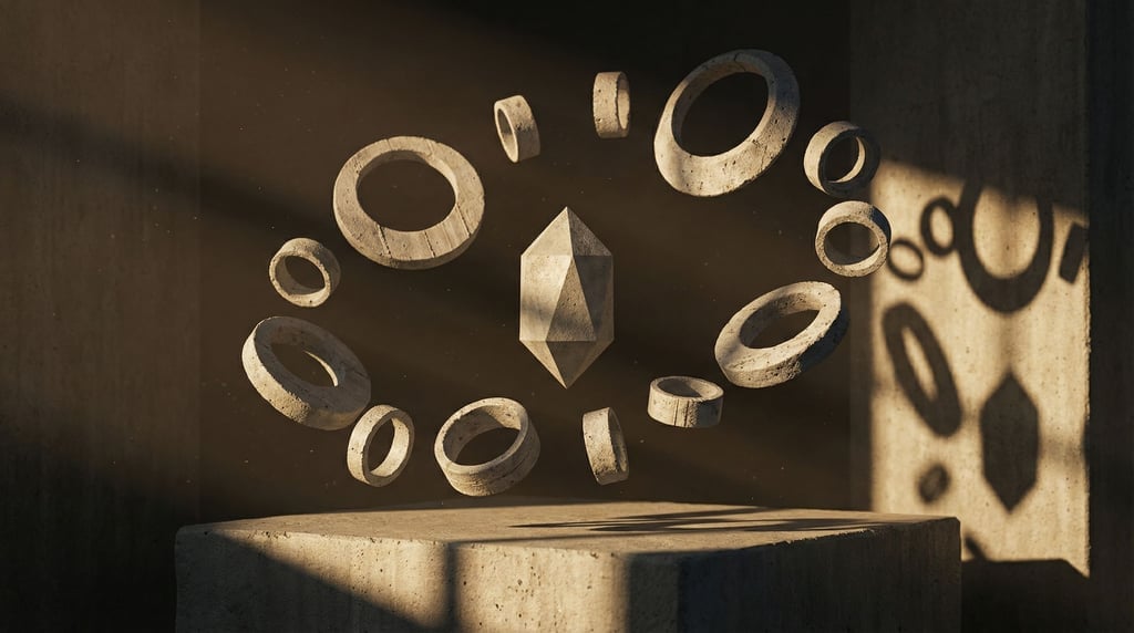 Jewelry pieces floating in a constellation arrangement, necklaces and rings orbiting a central gem