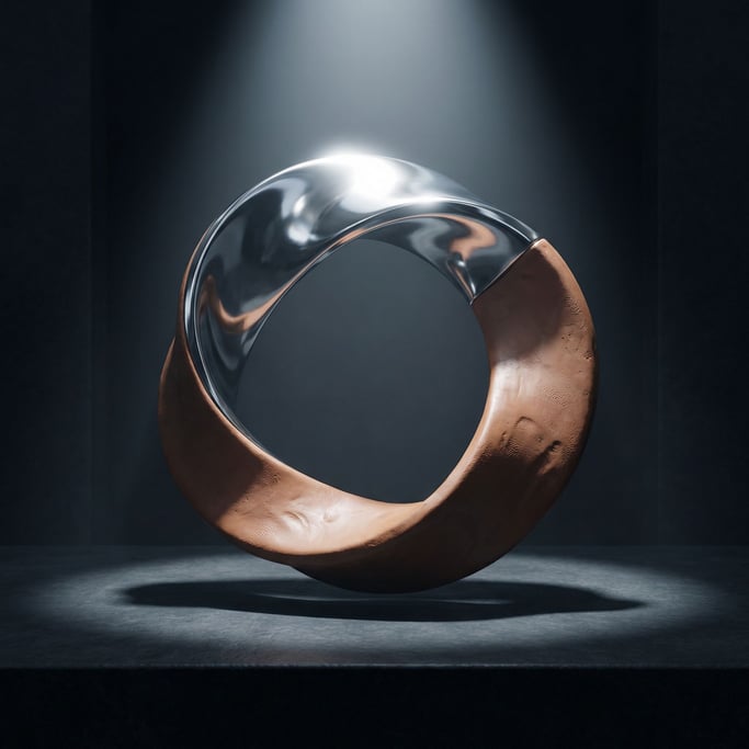 A Mobius strip made of polished chrome, twisted surface catching environmental reflections (1aisq1iq)