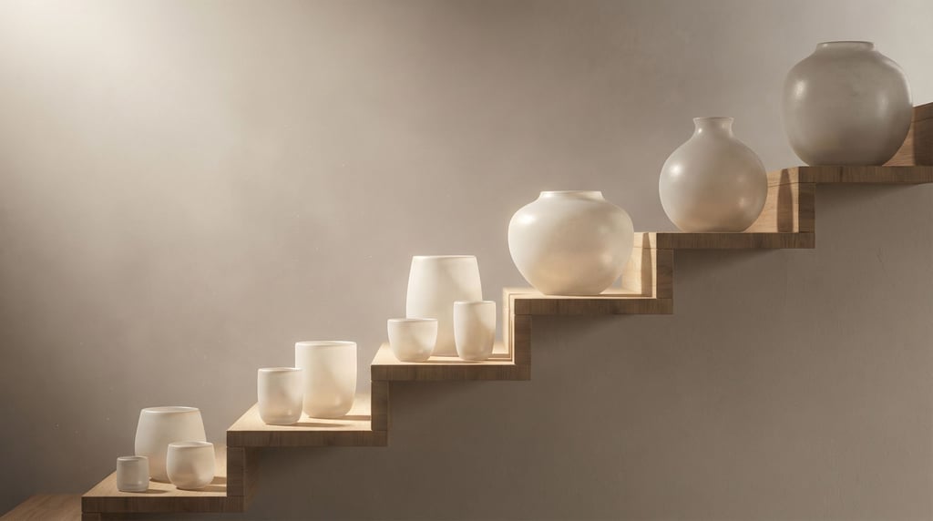 Ceramic vessels in varying sizes arranged on ascending shelves, a gradient from tiny to large