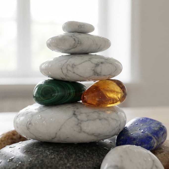 Stacked stones in a cairn formation, each stone a different exotic material, balanced and meditative (qqx)