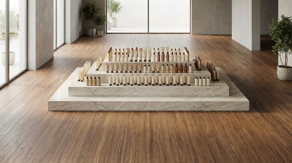 Cosmetic tubes and bottles arranged in a precise grid on stepped marble platforms, premium feel (xhklyb9n)