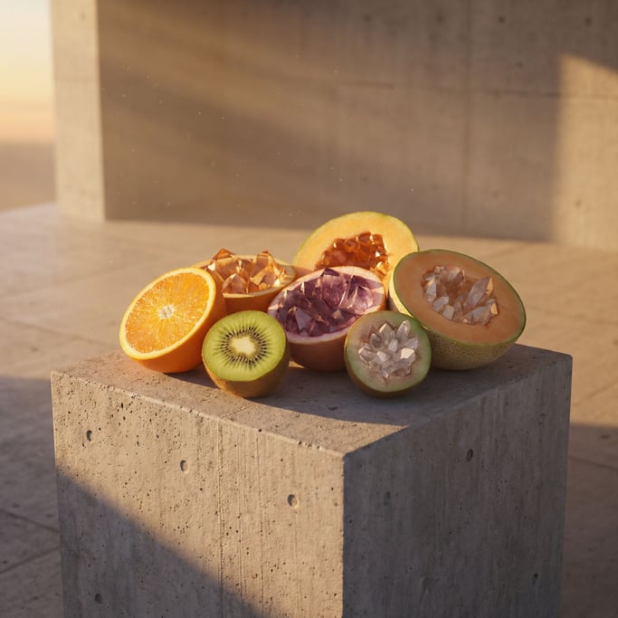 Fruits sliced in half revealing geometric crystal interiors instead of seeds and flesh (ihizzsp9)