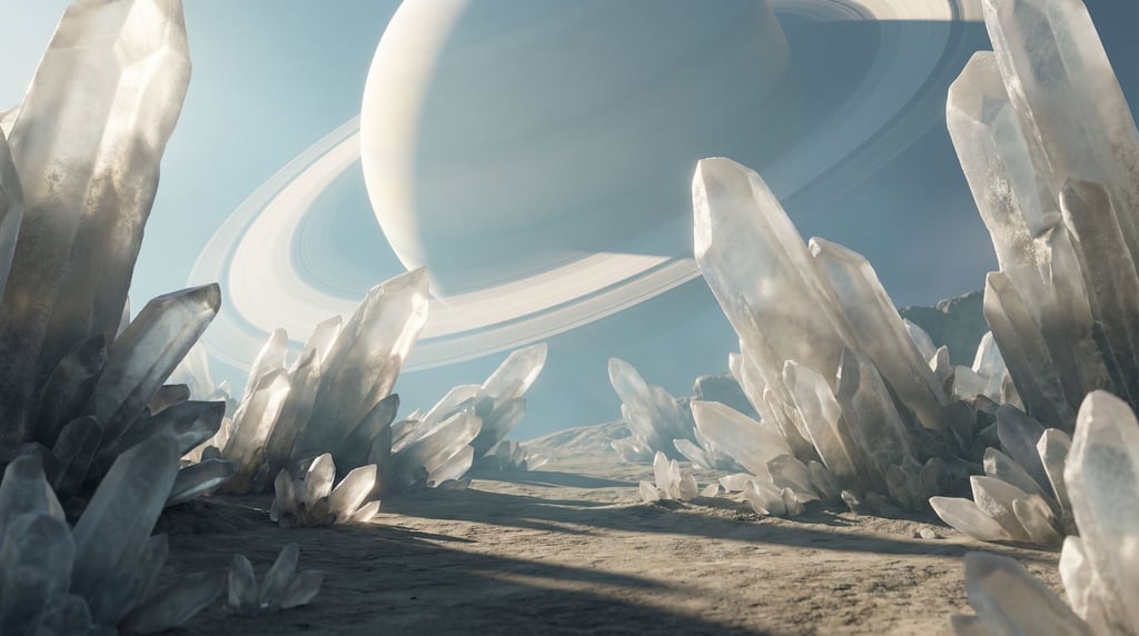 An alien planet surface, unusual crystalline rock formations under a sky with a massive ringed plane (af0caaei)