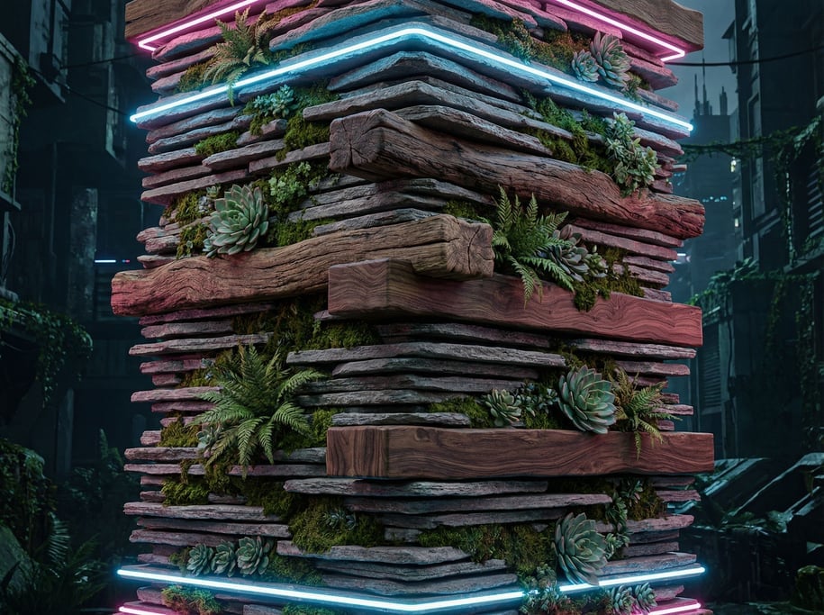 A stack of thin stone slabs with plants growing between each layer