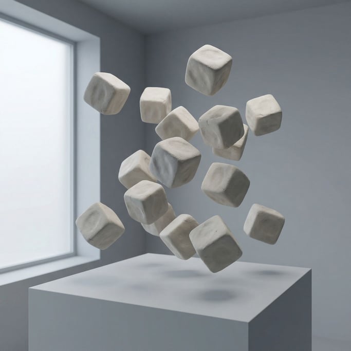 A cluster of soft rounded cubes floating in mid-air, scattered like dice frozen mid-throw (d2awofoz)
