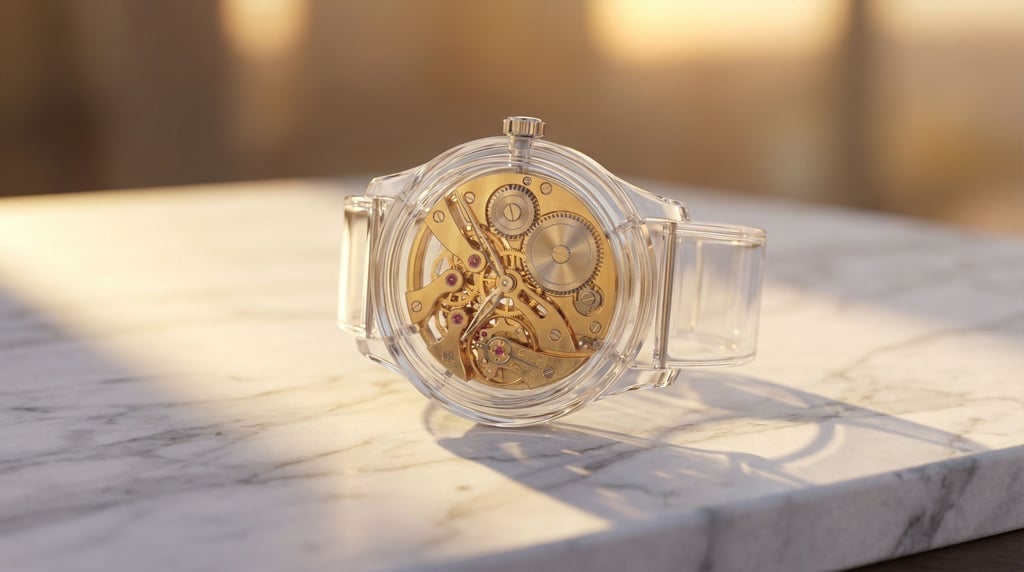 Gears and clockwork mechanism visible through a transparent watch case, intricate brass machinery (gg4isy5l)