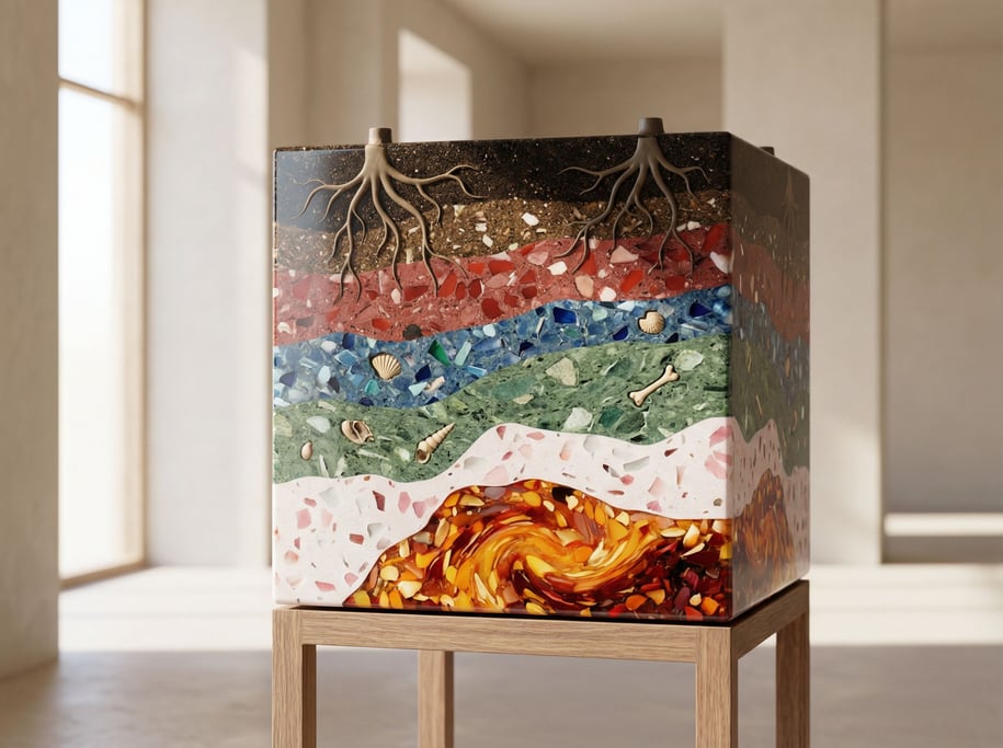 Cross-section of underground geological layers, soil and roots on top, rock strata, fossils (beodk8gl)