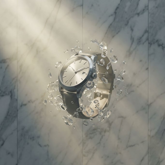 A wristwatch suspended among frozen water droplets, time stopped literally and figuratively (csvyrjz8)