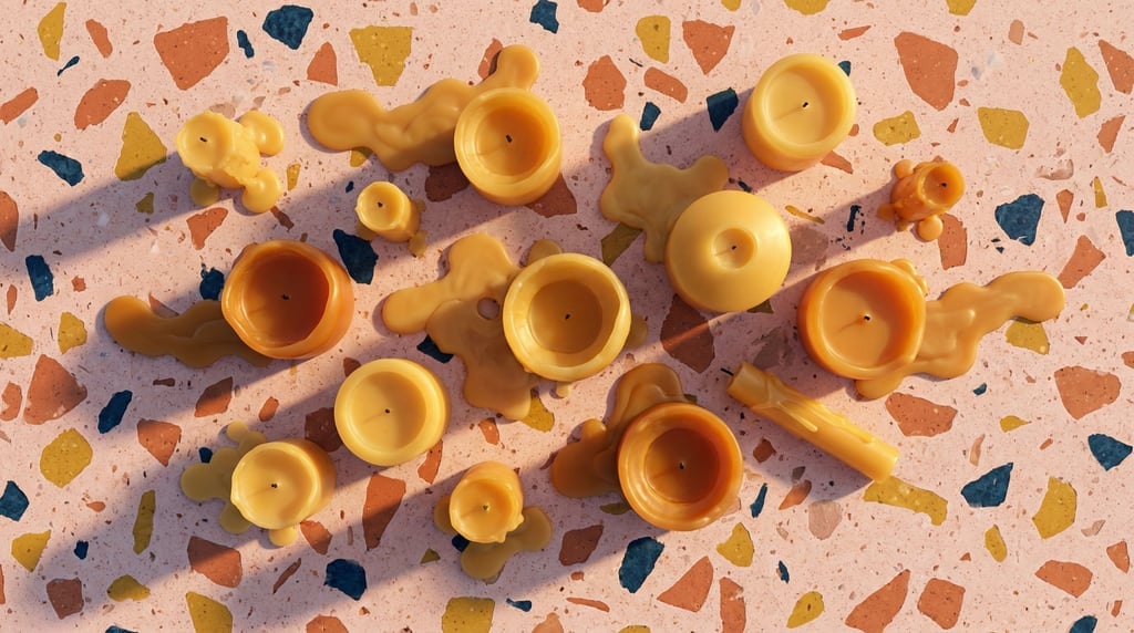 Candles at various stages of melting, wax pooling and dripping, frozen in time, warm tones (vaulabgq)