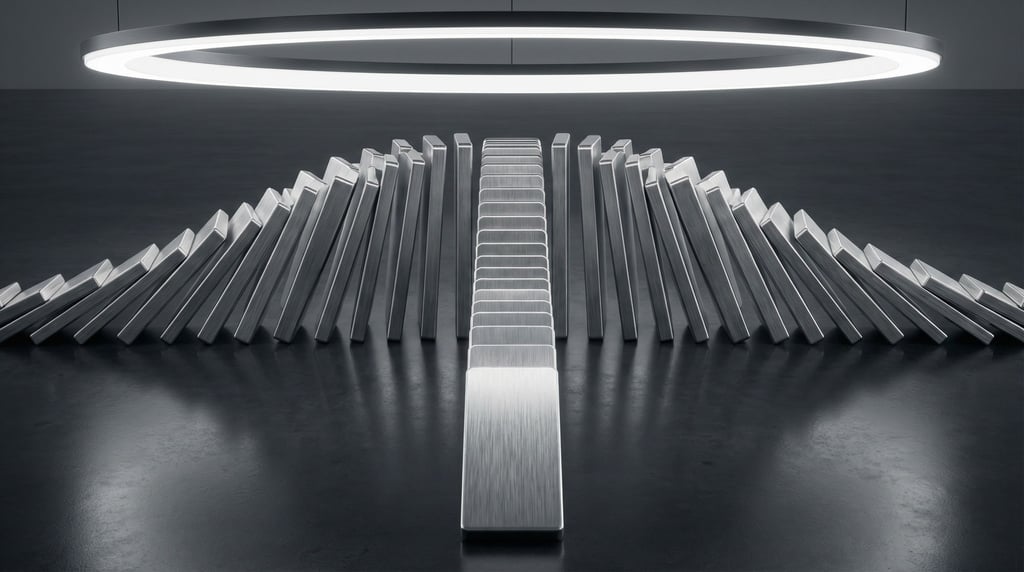 Dominoes mid-topple, thousands of pieces creating a cascading wave pattern across a dark floor