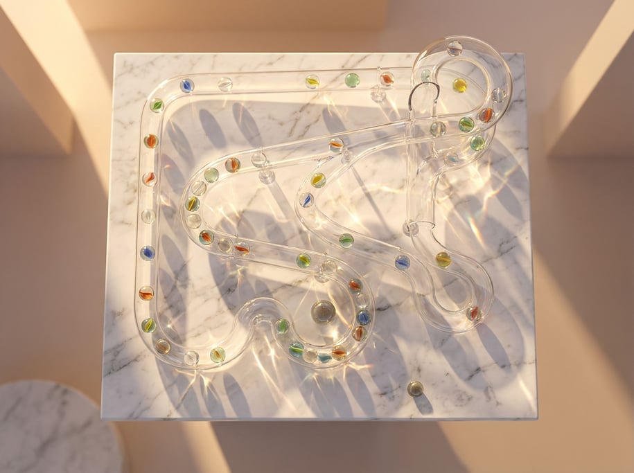 Glass marbles rolling through a transparent tube marble run, refraction and caustics everywhere (xmsox0en)