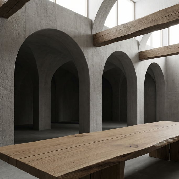 A brutalist concrete interior with dramatic arched doorways receding into shadow, monumental scale (blcl8vku)