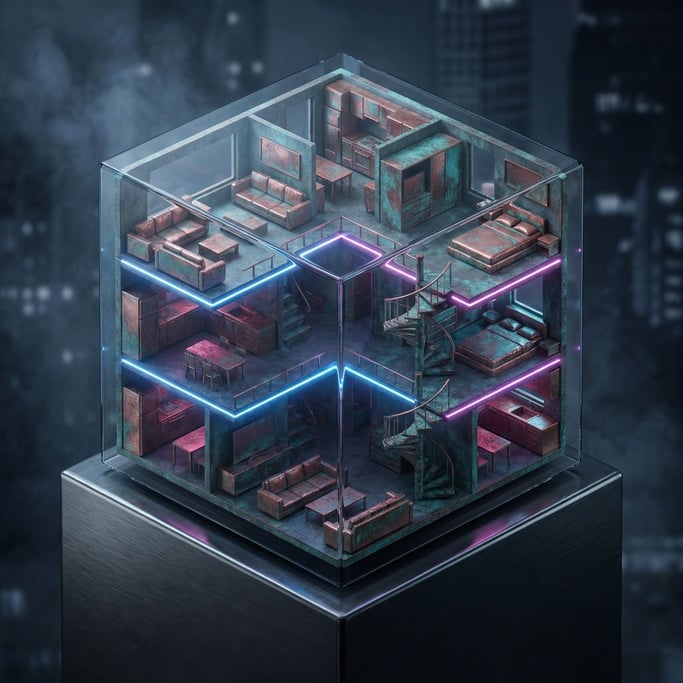 Isometric tiny apartment interior, every room visible from above (bz7kgffx)