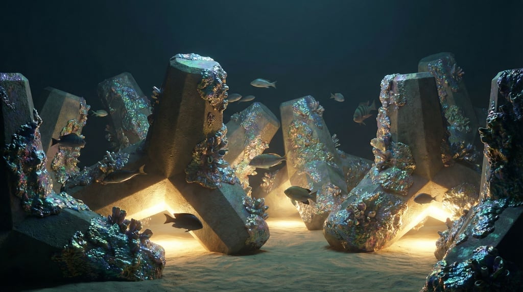 Coral formations growing on submerged geometric concrete blocks, organic reclaiming angular (xqlfhcoo)