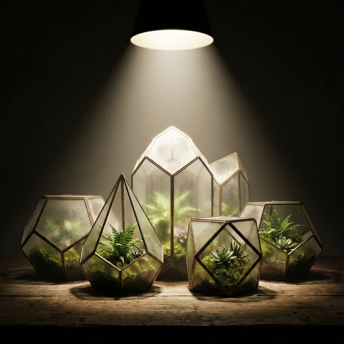 Geometric glass terrariums containing tiny ecosystems, brass frames, condensation on the inside