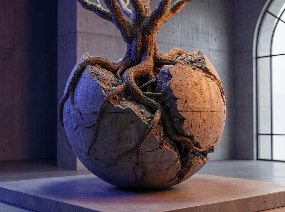 A tree growing from a cracked porcelain sphere, roots wrapping around the broken shell (cgibznr)
