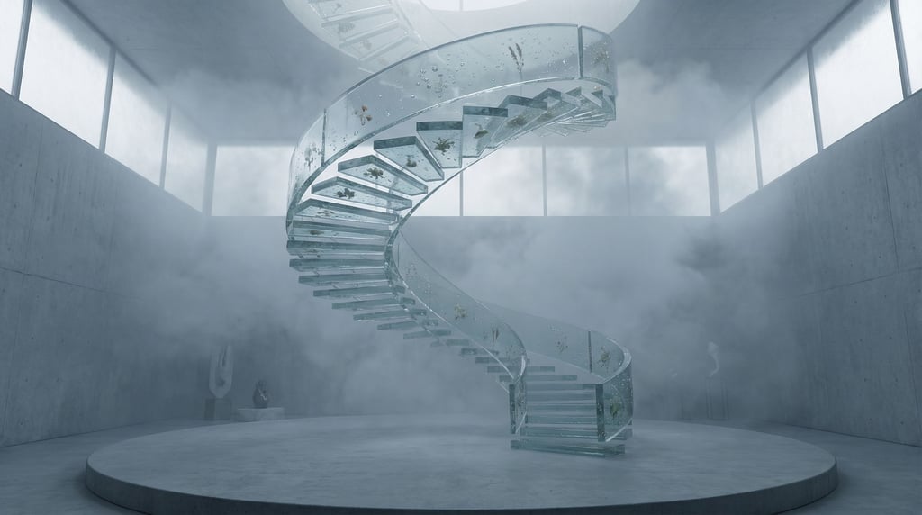 A spiral staircase made of translucent glass panels, ascending into soft fog above