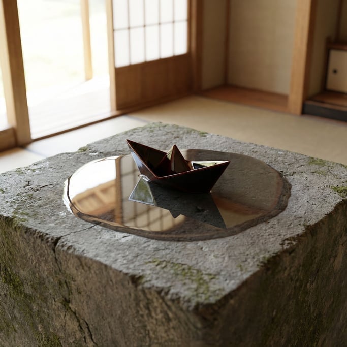 A paper boat floating on a small pool of still water on a concrete surface, tiny and contemplative (bkloghiw)