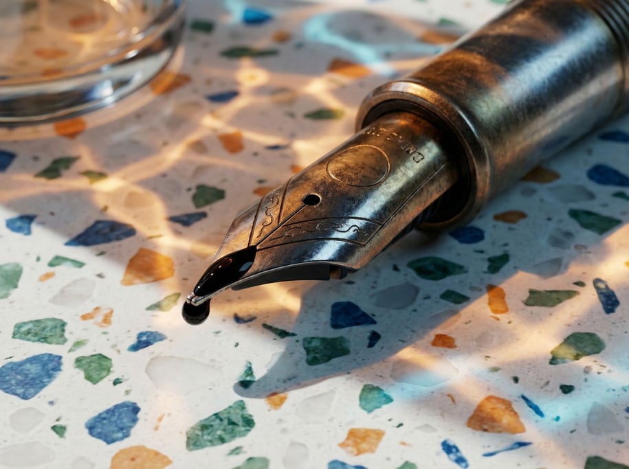 A fountain pen nib at extreme macro scale, a bead of dark ink forming at the tip (fk)