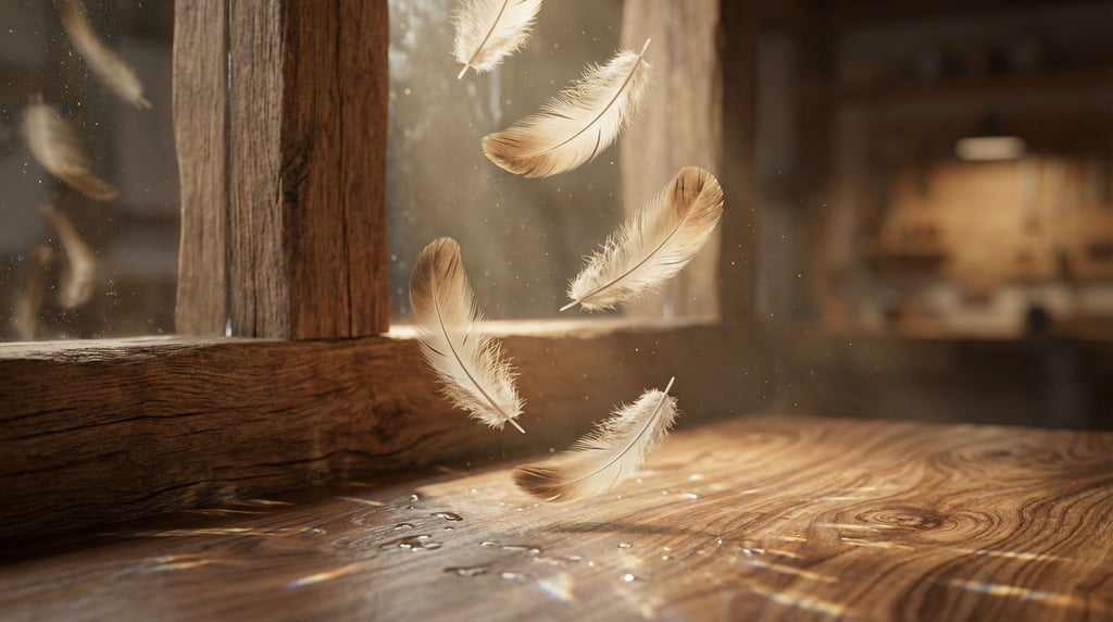 Feathers falling slowly through a column of light, barbs and down visible in fine detail