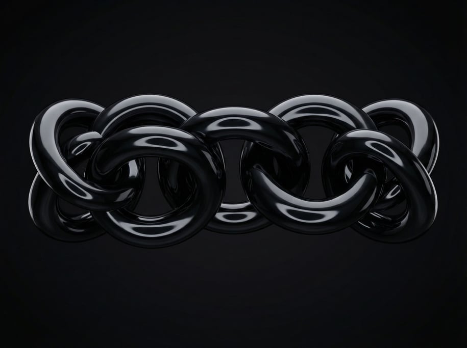 Interlocking torus knots forming a continuous chain, suspended in a void, smooth and sculptural