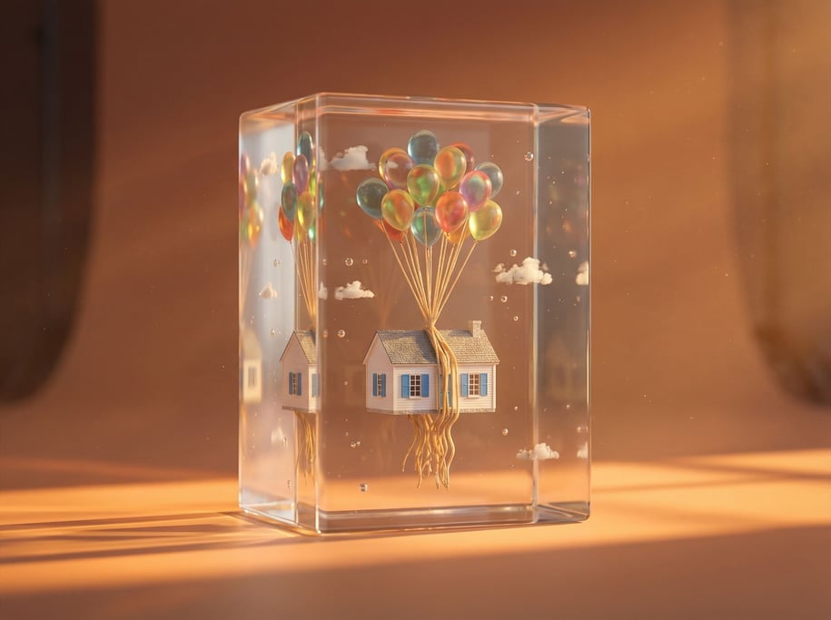 A cluster of balloons carrying a small white house upward, strings trailing below, whimsical ascent (l5r19ndc)