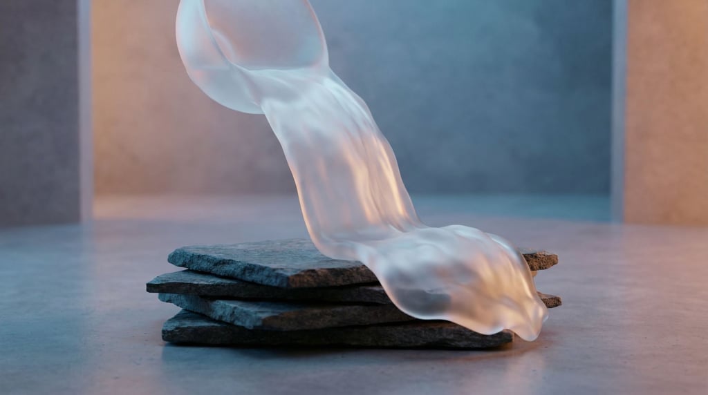 Water simulation frozen mid-pour over stacked stone plates