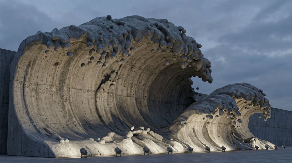 A wave frozen at the moment of breaking, every individual droplet rendered, massive scale and detail