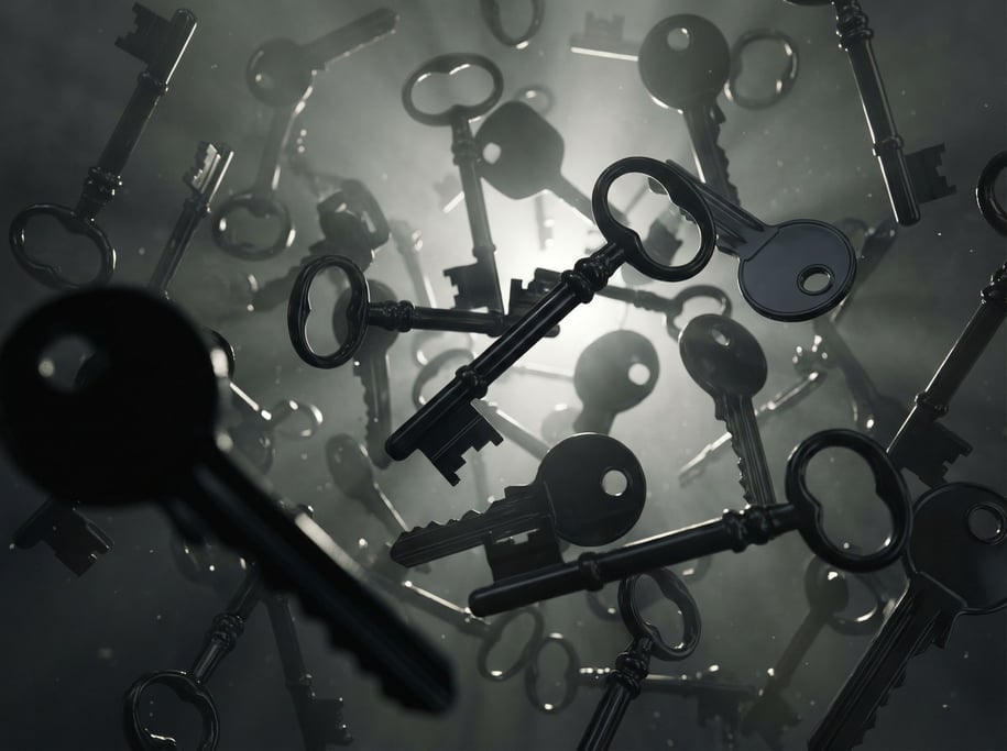 Keys of all shapes and sizes floating in a cloud formation, old skeleton keys and modern keys mixed (9)