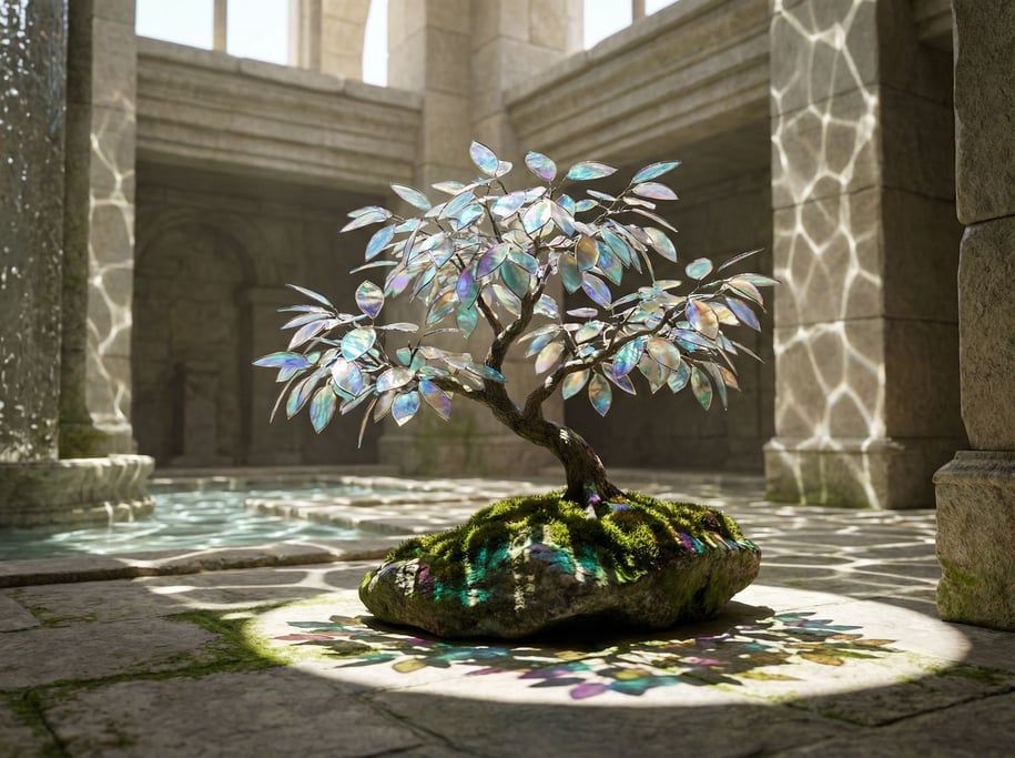 A bonsai tree with leaves made of thin colored glass, delicate and luminous, casting colored shadows (oqxzzxe7)