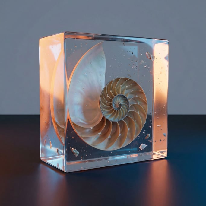 A nautilus shell cut in half revealing the perfect logarithmic spiral chambers inside