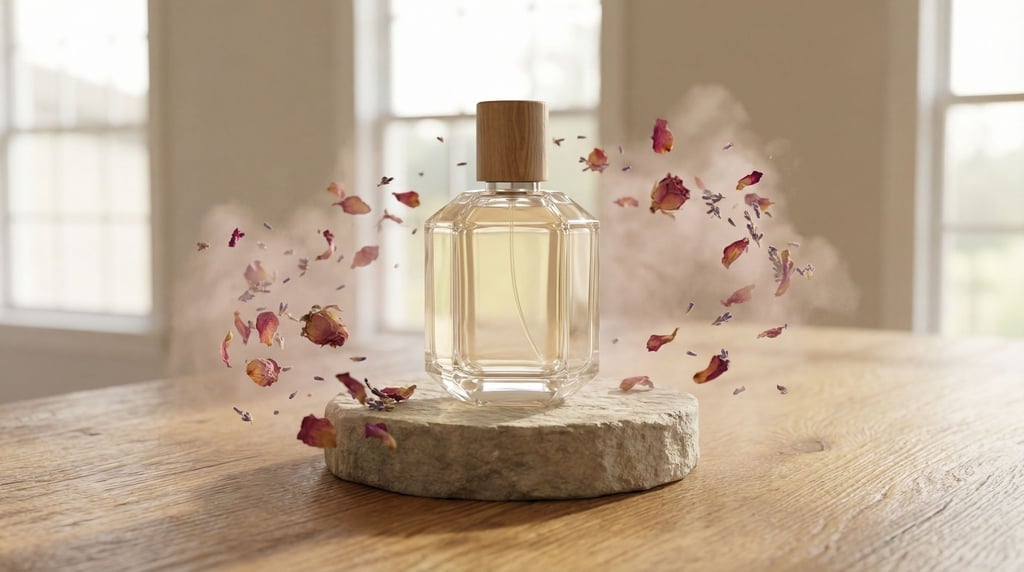 A single perfume bottle on a circular stone pedestal, surrounded by floating dried flower petals