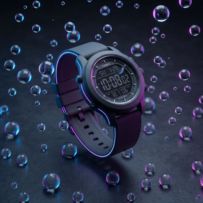 A wristwatch suspended among frozen water droplets, time stopped literally and figuratively