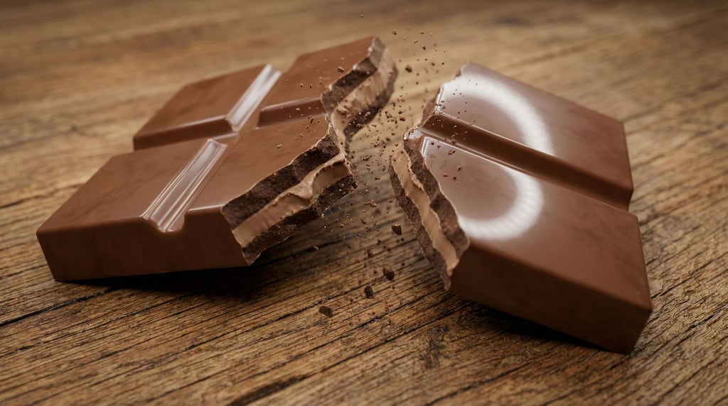 A chocolate bar snapping apart in slow motion, clean fracture lines revealing inner layers (lryrfw1y)