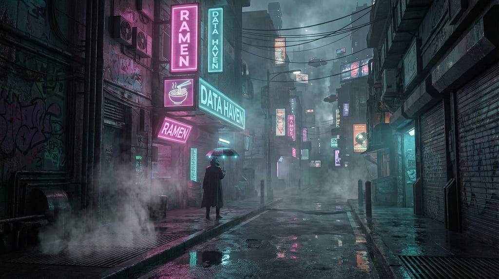 Neon-drenched alleyway in a cyberpunk megacity rendered as a detailed 3D scene — rain-slicked street