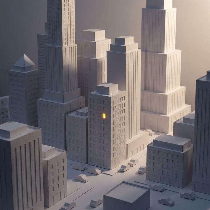 White paper cityscape at dusk: skyscrapers built from scored and folded card stock rise in tiers