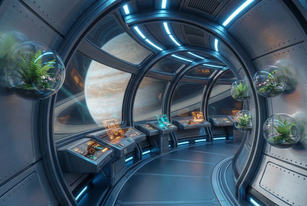 Orbital space station interior rendered in meticulous 3D — a curved observation deck with floor-to-c