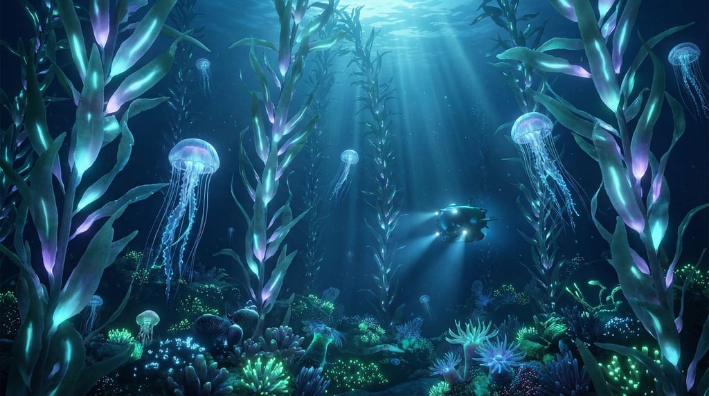 Deep ocean bioluminescent forest rendered in 3D — towering kelp-like structures glowing soft cyan and violet from within
