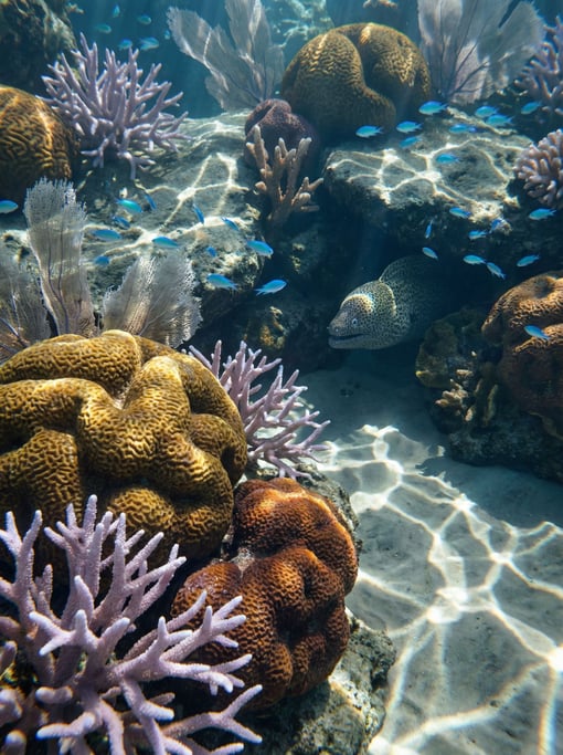Coral reef ecosystem as a hyper-detailed 3D render — brain corals in vivid amber and rust