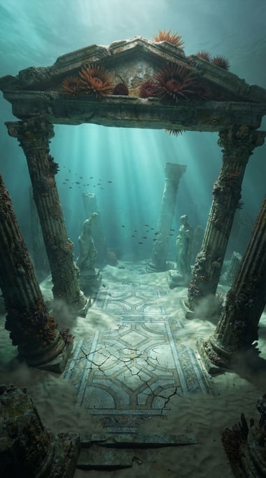 Sunken ancient temple on the ocean floor rendered in 3D — barnacle-encrusted stone columns half-buri