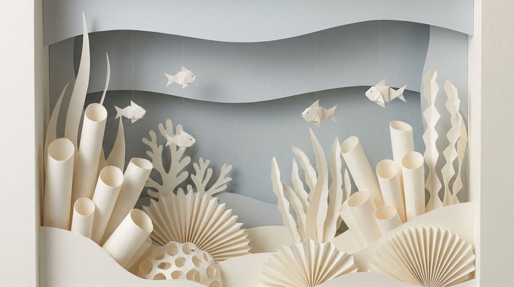 Underwater coral reef made entirely from curled and cut paper — tube-shaped paper corals