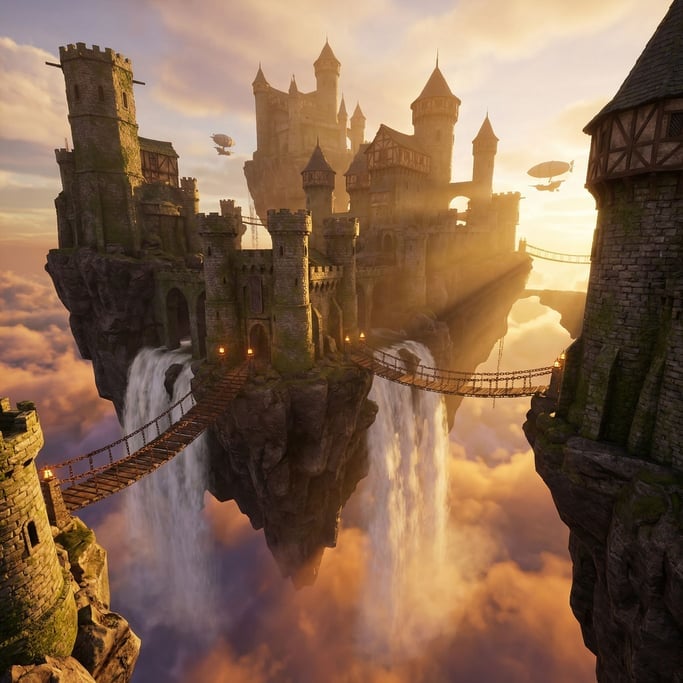 Floating castle complex suspended in a sunset sky — interconnected stone towers resting on inverted