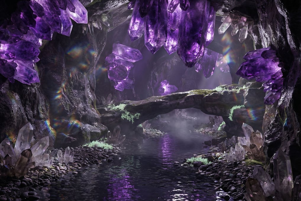 Crystal cavern rendered in photorealistic 3D — enormous amethyst formations jutting from walls and c