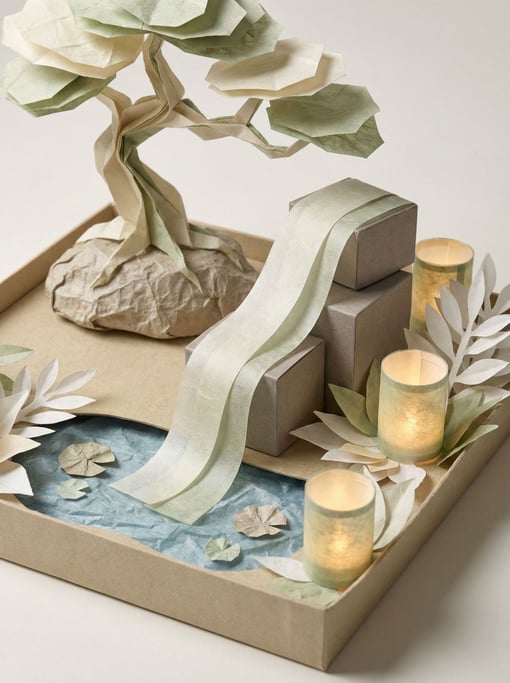 Japanese-inspired paper garden: folded paper bonsai on a paper stone