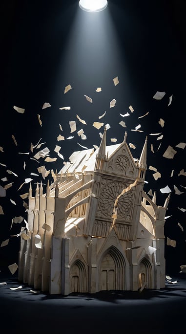 Collapsed paper architecture — a cathedral mid-crumble, paper walls folding inward