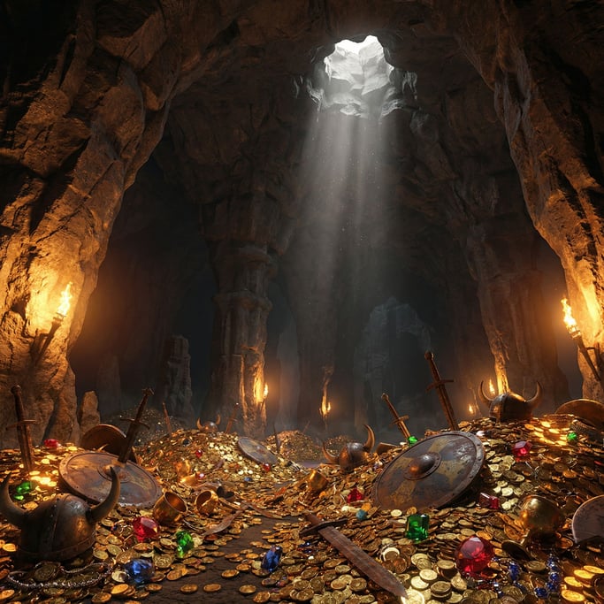 Dragon's treasury chamber in a mountain — vast cavern filled with gold coins and artifacts modeled i